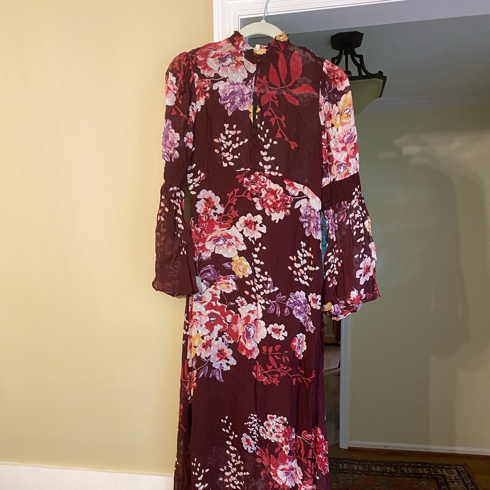 byTimo Burgundy Floral Crepe High Neck Maxi Dress Size Small